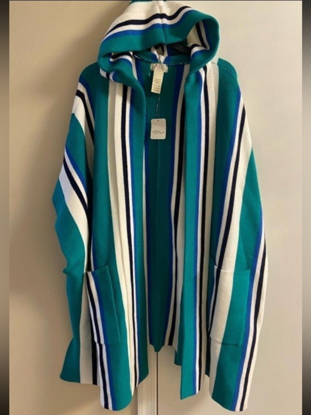 Free people Teal striped knit kimono hooded with pockets one size NWT